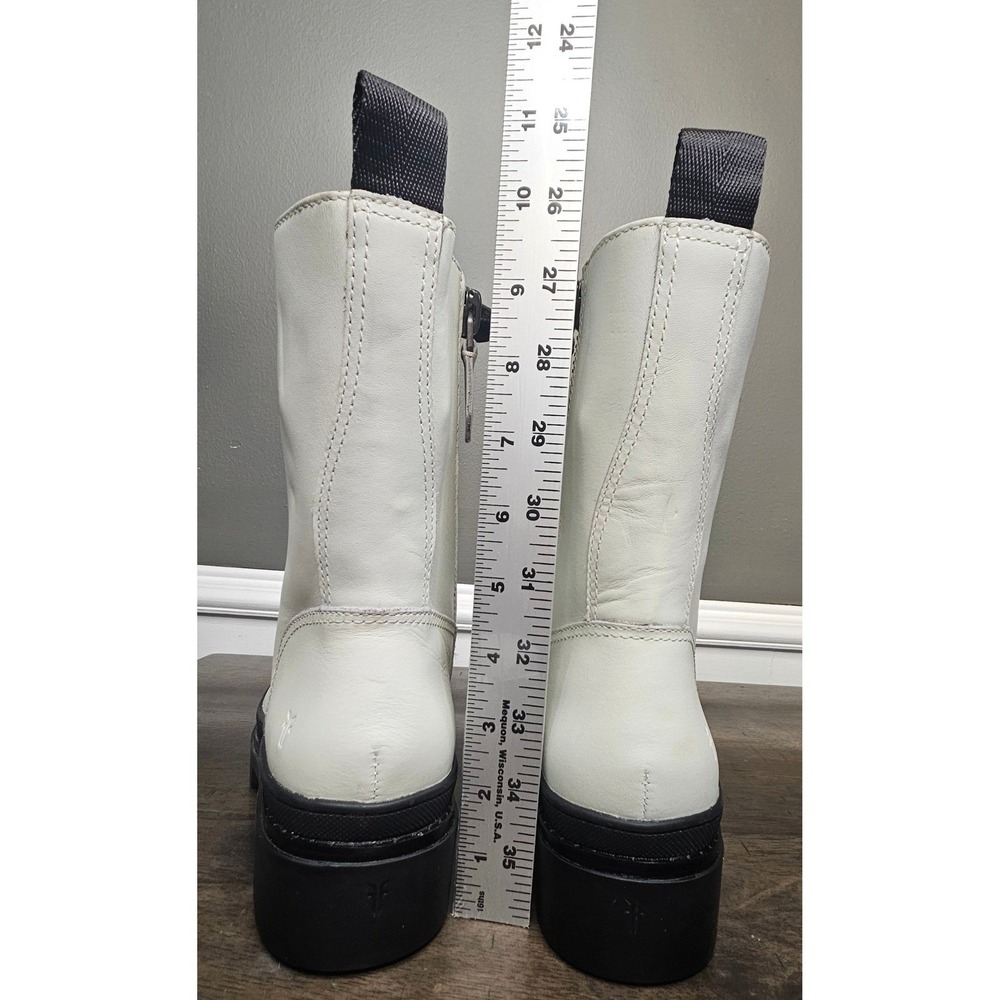 Frye Chloe‎ White Combat Boots Lug Lace up zip Biker Leather size 8 - Picture 7 of 10